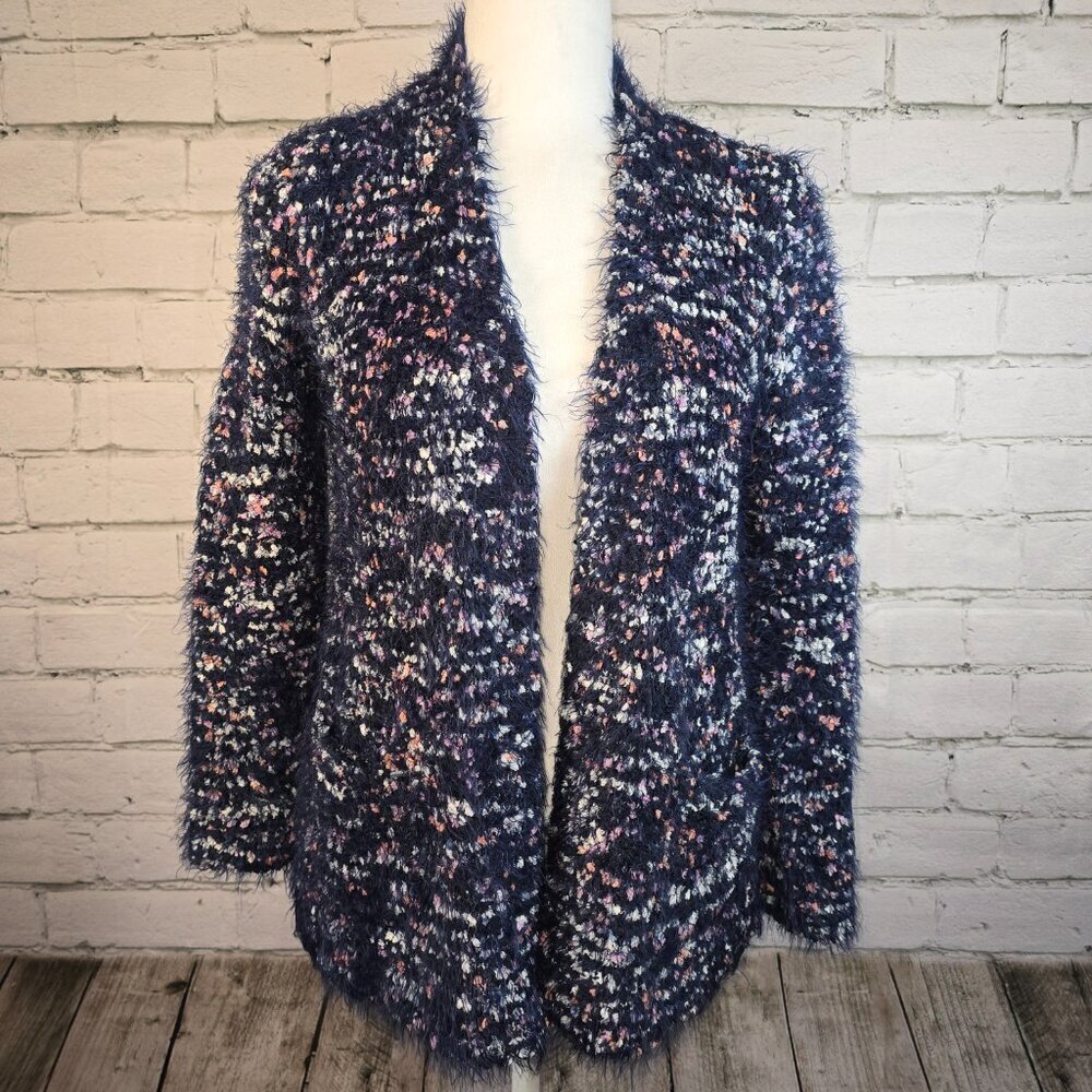 PEYTON PRIMROSE CHUNKY CARDIGAN BLUE PINK WHITE MINGLED GRANDMA WOMENS M